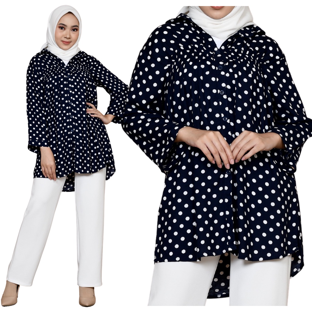 NHM Kemeja Wanita Kerja Santai, Baju Atasan Oversize Motif Polka