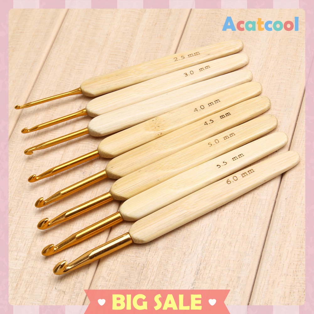 8pcs 8 sizes Bamboo handle Golden Aluminum Crochet Hooks Needles 2.5mm-6mm