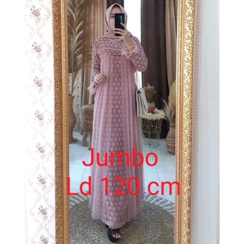 Gamis JUMBO LD 120 Motif Polkadot aksen tile/Gamis BIG SIZE kondangan