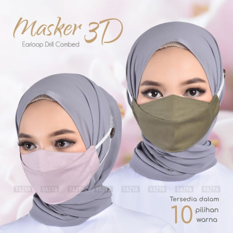 masker 3D polos earloop drill comber masker hijab fashion ori