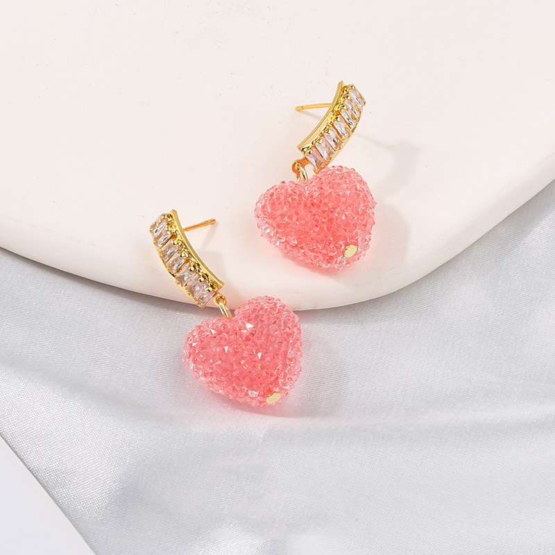 Anting Bentuk Hati Warna Pink Aksen Berlian Imitasi