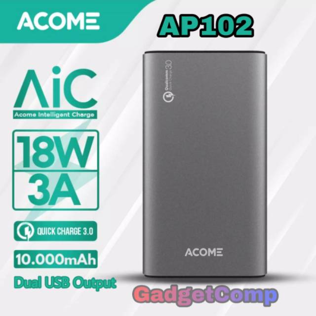 ACOME Power Bank 10000mAh Quick Charge 3.0 - 2 USB Output - Garansi Resmi 18 Bulan - PowerBank AP102