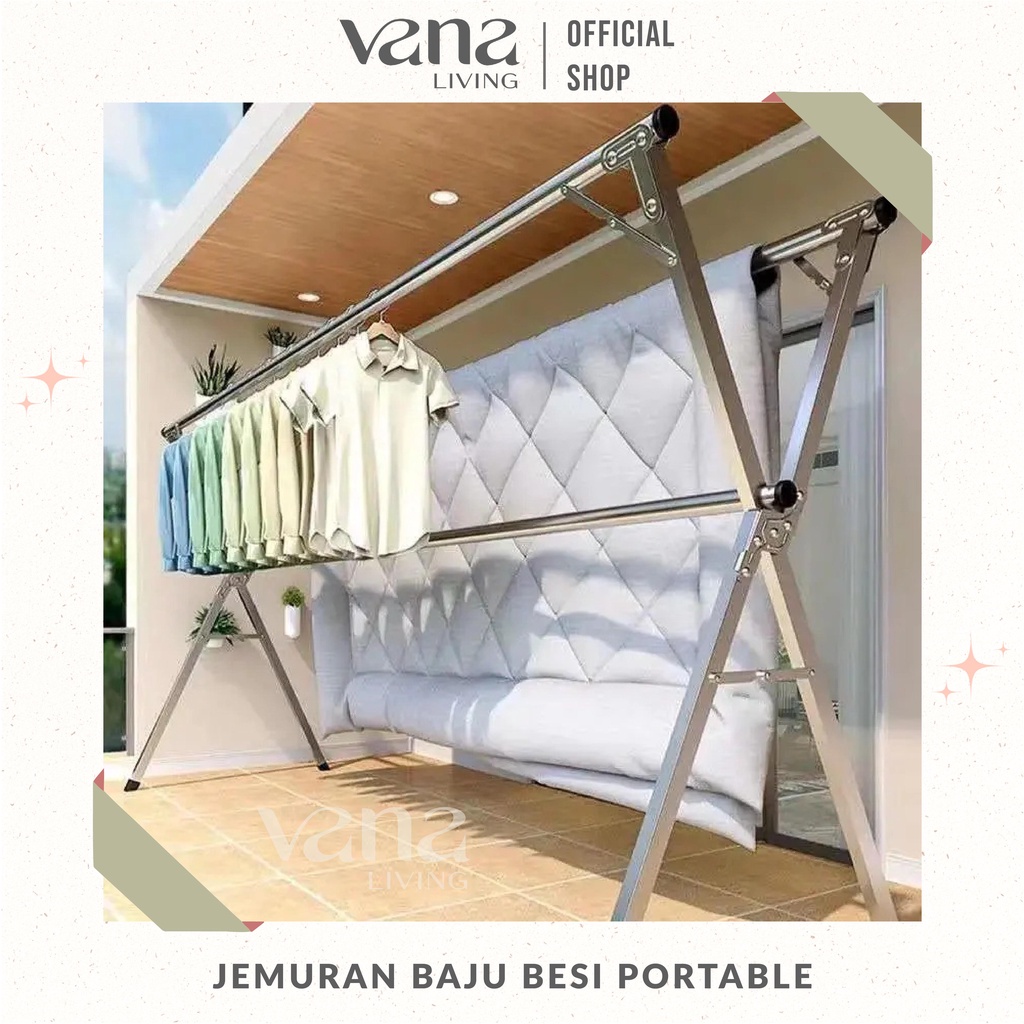 Vana Jemuran Gantung Besi Pakaian Baju Handuk Selimut Jumbo Lipat Portable Kokoh Tekuk Stainless Steel Anti Karat Kuat