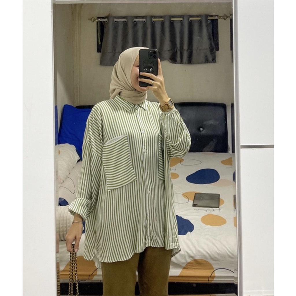 Pocket Stripe Kemeja Katun Rayon Kemeja Oversized Kemeja Stripe Kemeja garis garis by DAZPROJECT