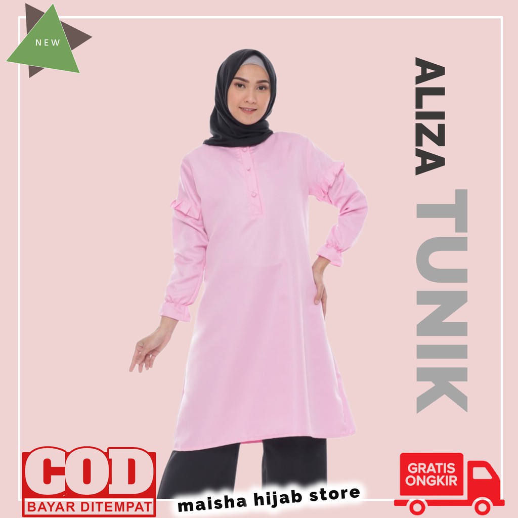 Baju Atasan Long Tunik Panjang Polos Fashion Wanita Muslim Kancing Depan Busui Aliza TunikTuniq 2021