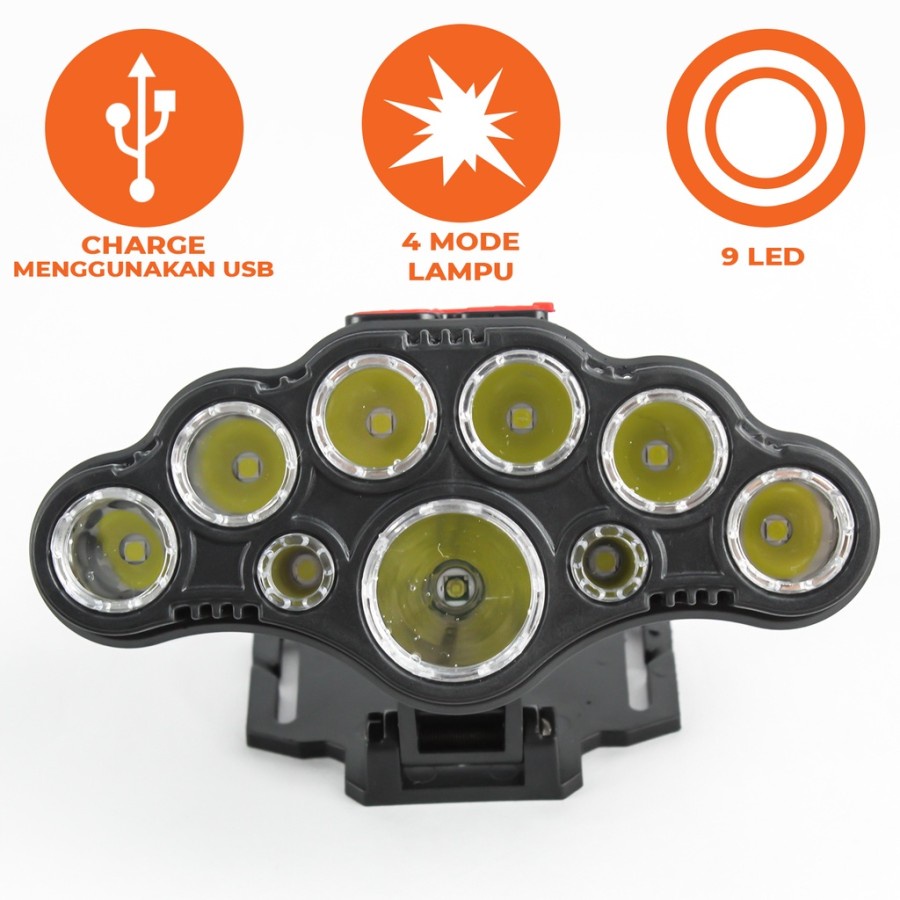 senter kepala cas  super terang anti air rechargeable - Senter Cas Kepala Headlamp Charge 9 LED Waterproof Free USB - Headlamp Flashlight Waterproof White and Red Light LED - Lampu Senter Kepala / Lampu Kepala / Headlamp Outdoor / Senter Gunung / Senter