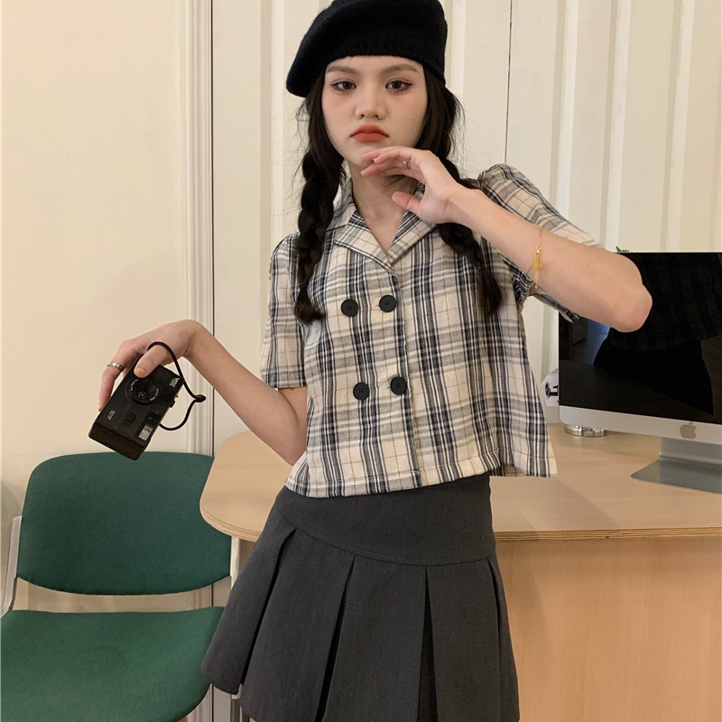 yikoo-Kemeja kotak-kotak kerah retro korea lengan pendek wanita