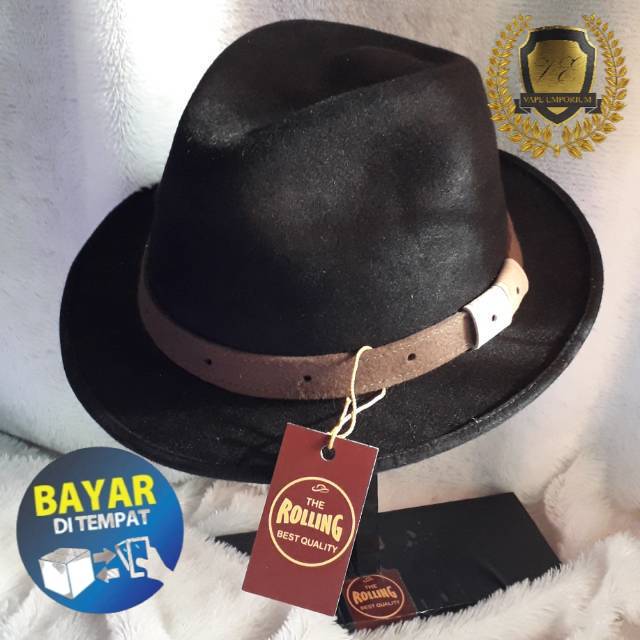 THE ROLLING Fedora trilby black Bahan Wool  laken import Topi Fedora Marlboro Porpie Panama Trilby