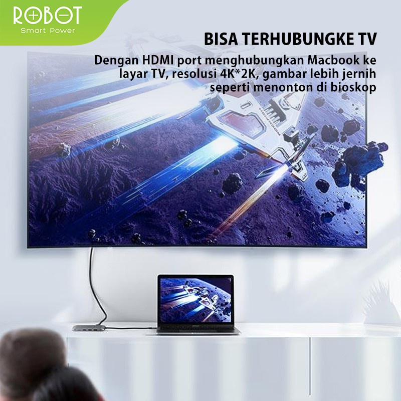 ROBOT HT490 9 in 1 USB C Hub Adapter With RJ45 HDMI 4K VGA 1080P PD 100W USB 3.0 SD/TF Card