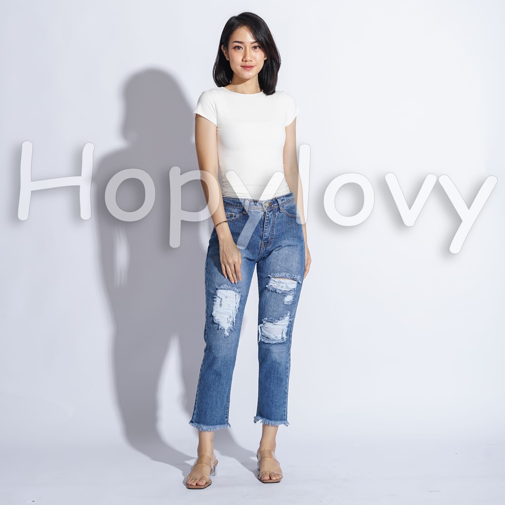 HOPYLOVY - Celana Boyfriend Ripped Jeans Wanita Rawis  Lucinna