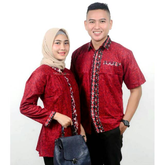 ATASAN BATIK BLUS DAN KEMEJA BATIK LENGAN PENDEK MOTIF MEGA MENDUNG MERAH BATIK PEKALONGAN 885 KATUN