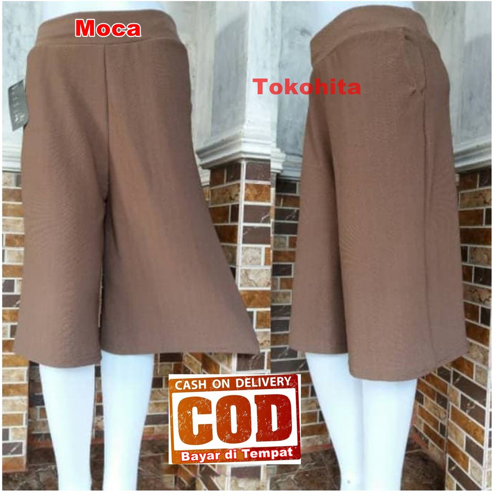 Morashop Celana Kulot Pendek 3/4 Polos Bahan Waffle Crepe Kulit Jeruk-Mocca/Coklat Tua