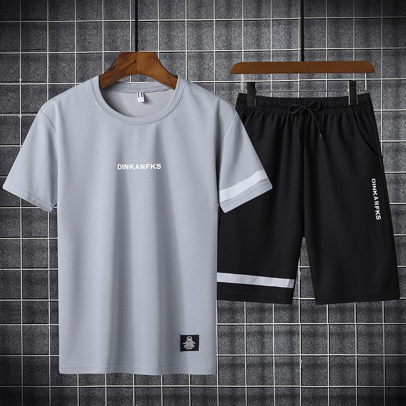 Set Kaos Round Neck &amp; Celana Pendek Pria Baju Olah Pria Men's Sport Set Vest Shirt Shorts TZ312