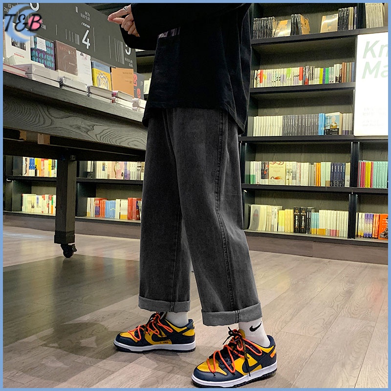 Celana jeans pria celana jeans panjang pria Korean Style gombrong Kulot Pria OverSize straight Jeans loose pants hitam  celana lebar pria Celana jeans cowok import nyaman casual denim