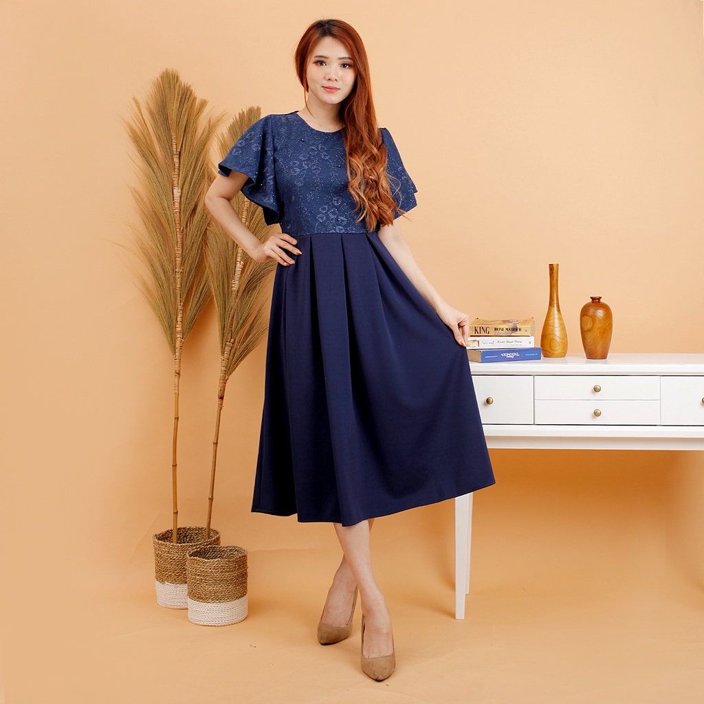 Fashion wanita #4193 , Medium dres scuba import kombinasi tile bordir gliter mutiara