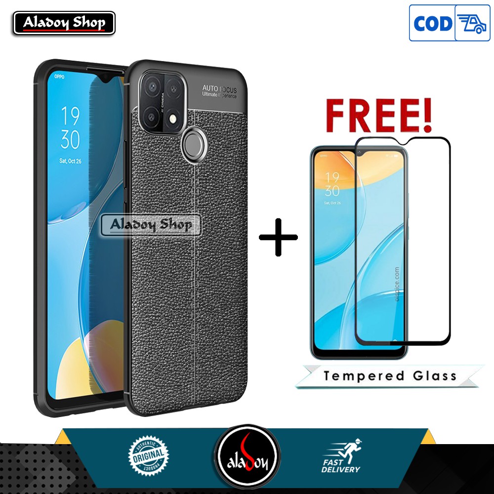 PAKET Case Oppo A15 Free Tempered Glass Layar New Auto Focus Leather Premium Casing