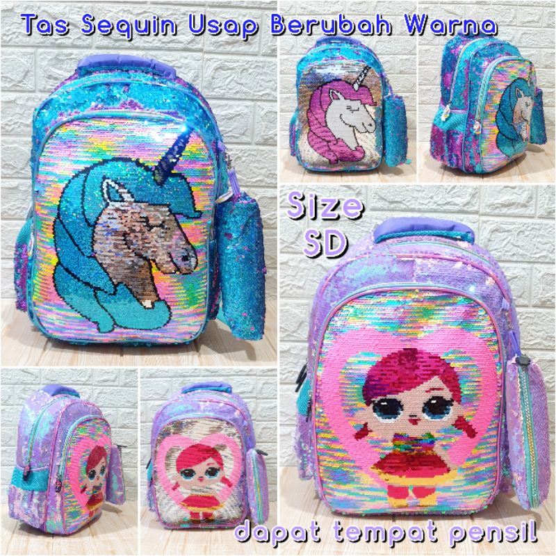 Tas Sekolah Anak SD Ransel Sequin LOL Unicorn Tas Sekolah Import Backpack Anak Perempuan