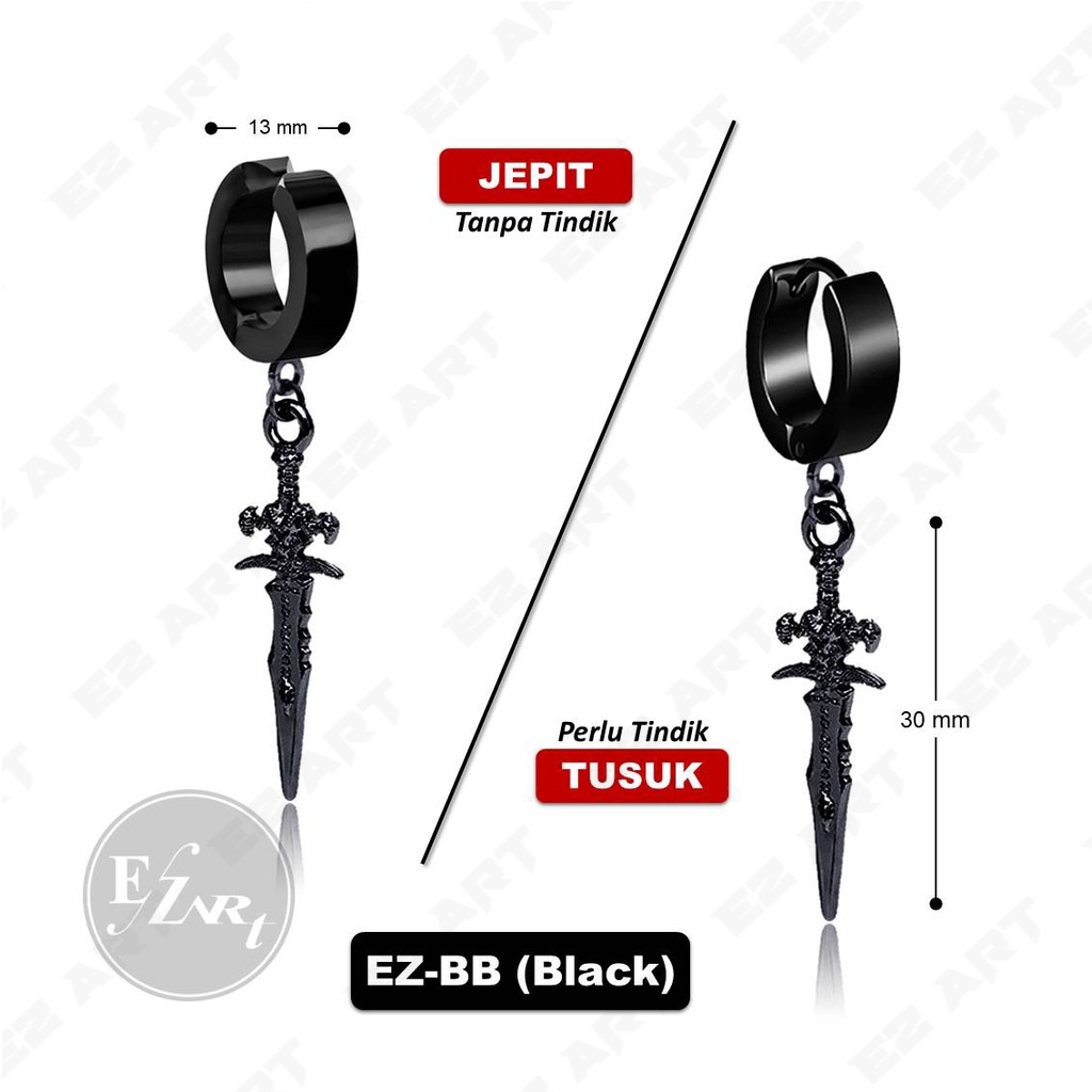 1Pc Model EZ-BB Anting Gantungan PEDANG SWORD Warna Hitam Silver Pria dan Wanita Jepit Tusuk KPOP BTS PUNK