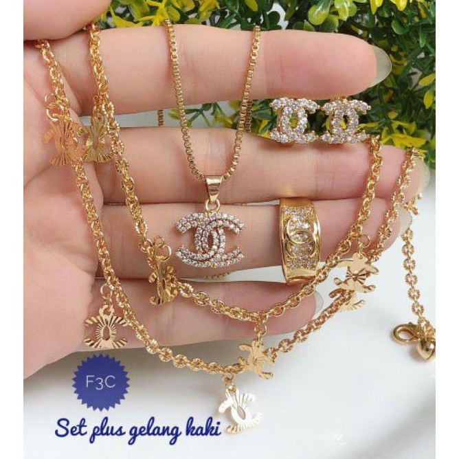 (NOV) Set Perhiasan Lapis Emas Xuping Gelang Tangan Kaki Kalung Cincin Anting Chanel Mewah Titanium