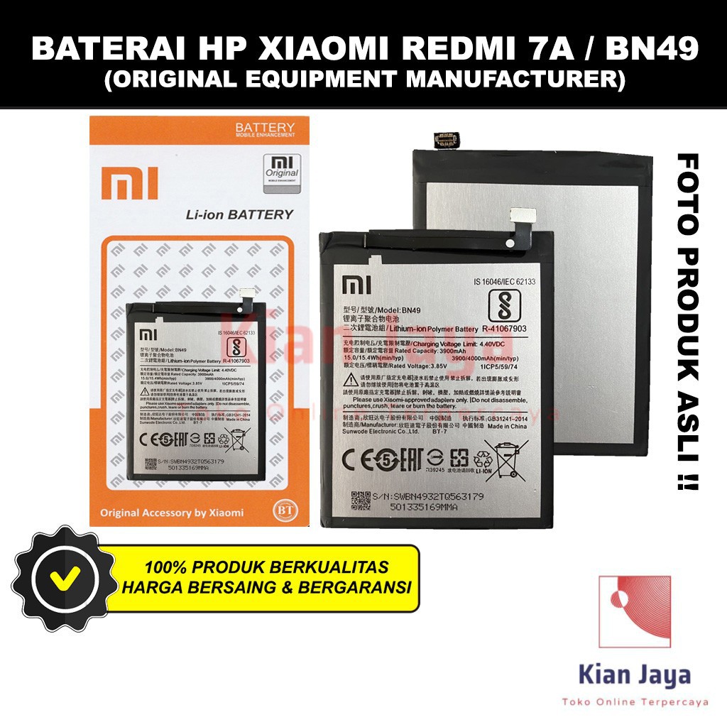 Baterai Xiaomi Redmi 7A BN49 Original OEM Batre Batrai Battery Hp Xiao Mi BN 49 Ori