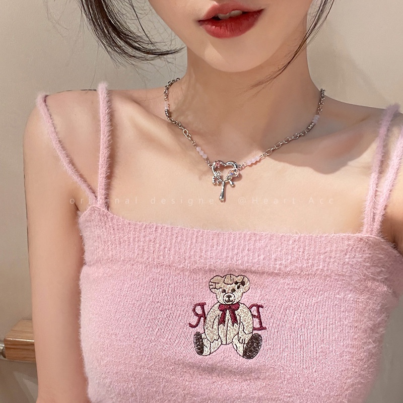 IFYOU Kalung Rantai Liontin Hati Aksen Mutiara Bahan Zirkon Warna Pink Gaya Vintage Untuk Wanita