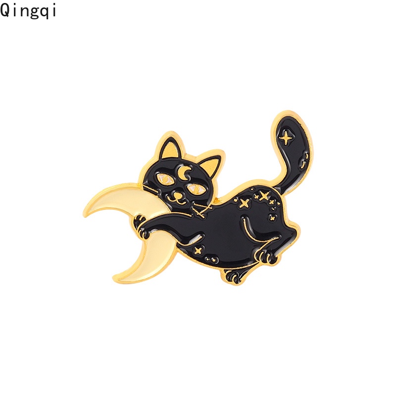 Bros Pin Enamel Bentuk Kucing Hitam Bulan Bintang Untuk Pakaian