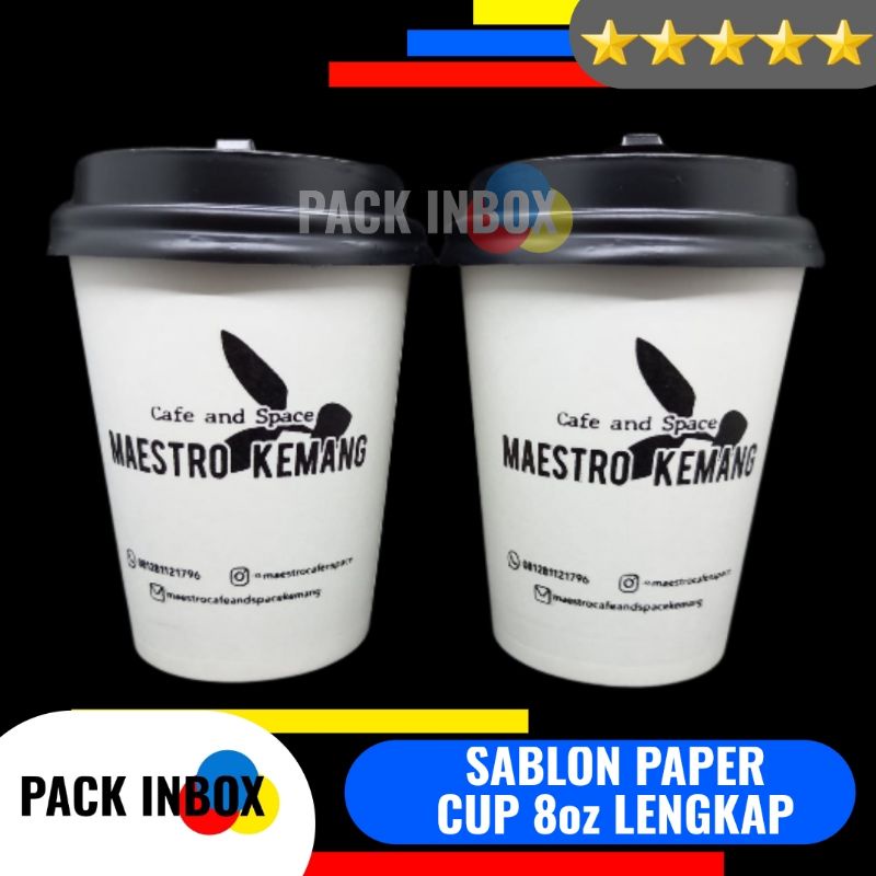 SABLON PAPER CUP 8oz LENGKAP TUTUP DAN SEDOTAN CETAK GELAS KOPI 8 oz