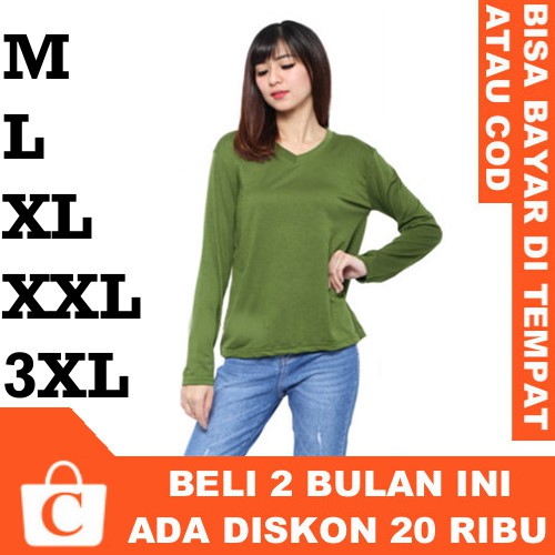CORATCORETUDIO Kaos Wanita T-Shirt Cewek Jumbo Big Size Lengan Panjang Polos Leher V Neck HIJAU ARMY