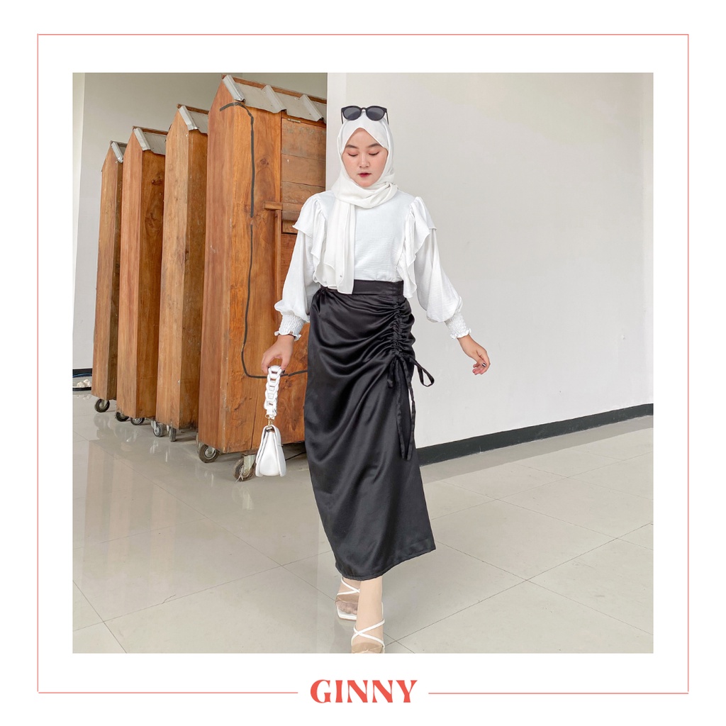 Sri Skirt | Women's Modern Plain Drawstring Kebaya Skirt | Bawahan Rok Kebaya Kain Satin Serut Polos Wanita | GINNY-6