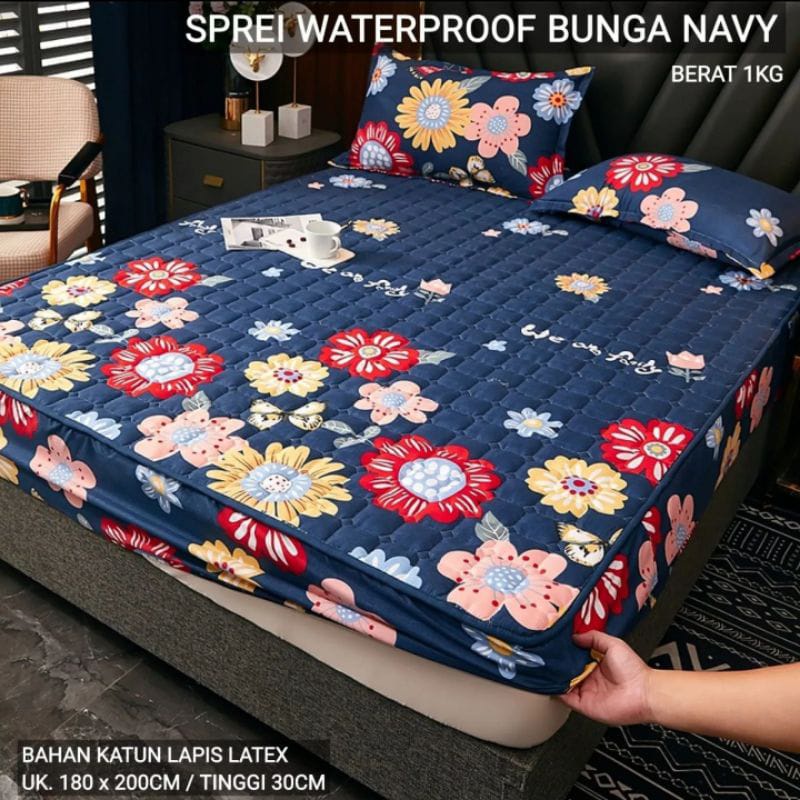 Sprei Waterproof / Sprei Protector bermotif / Sprei anti air ukuran 180x200CM SPREI WATERPROOF-BIRU BUNGA