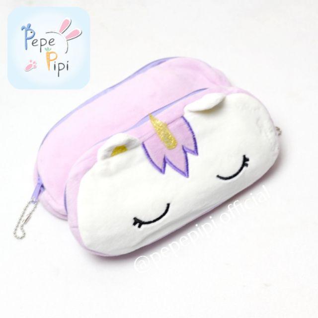 Kotak Pensil Plushy Unicorn Pastel Tempat Pensil Plush Wadah Pensil Kostak Pouch Makeup Kosmetik-Ungu