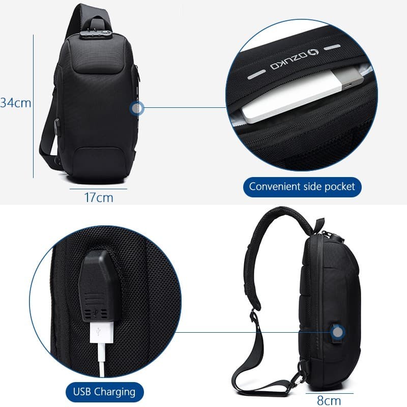Tas Selempang Crossbody Sling Bag Coded Lock with USB Charger Port - Black