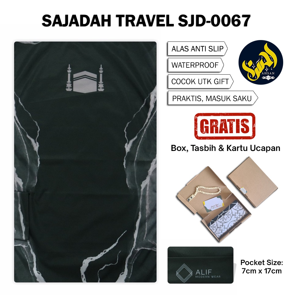 Sajadah Travel Saku Lipat Pouch Anti Slip Waterproof Alif Modern Wear Gambar Kabah Unik Hitam SJD-00