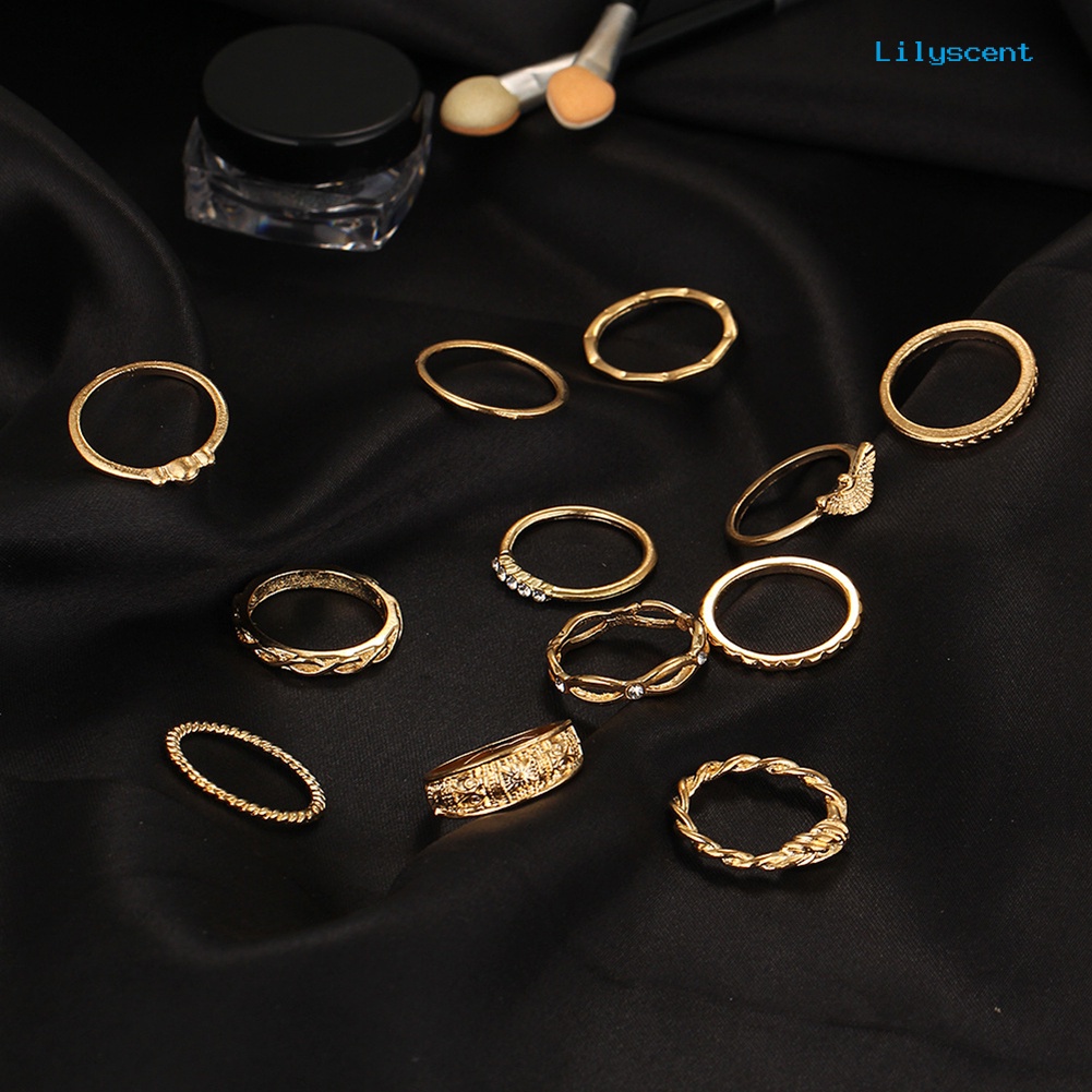 12pcs / Set Cincin Knuckle Desain Ukiran Twisted Aksen Berlian Imitasi Gaya Retro Untuk Wanita