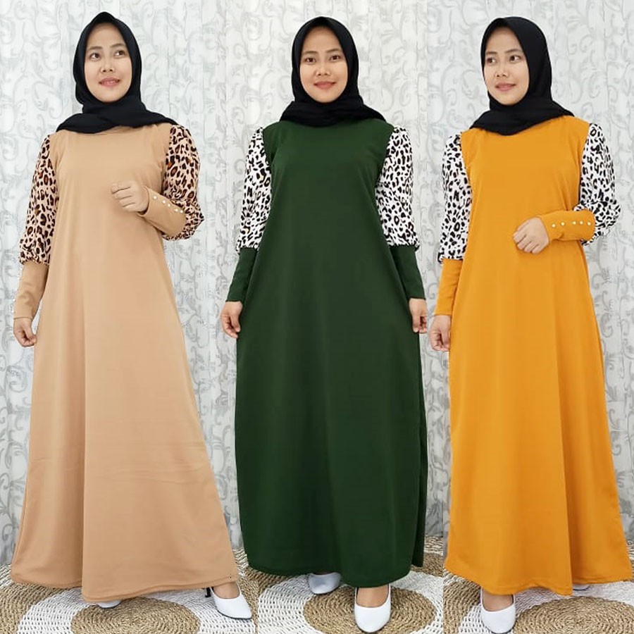 GAMIS LEOPARD MACAN LENGAN KERUT MUTIARA CANTIK GL FASHION