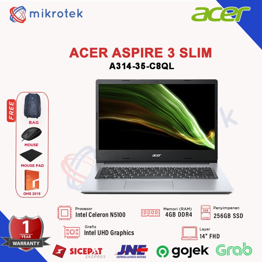 Acer Aspire 3 Slim A314 35 C8QL N5100 4GB 256GB SSD 14" HD W10+OHS