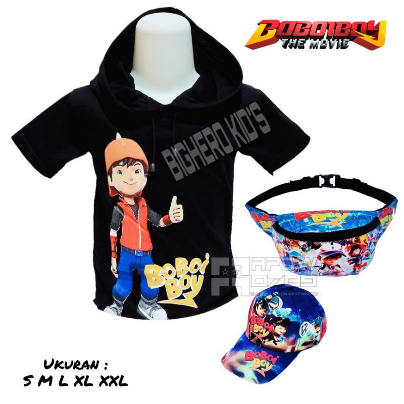 Paket 3in1 kaos Hoodie anak Boboiboy + tas waistbag dan topi anak Boboiboy