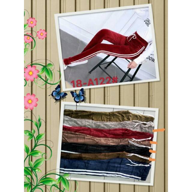 Legging bludru list putih motif pita-coklat