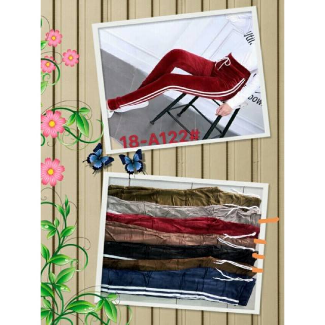 Legging bludru list putih motif pita-coklat