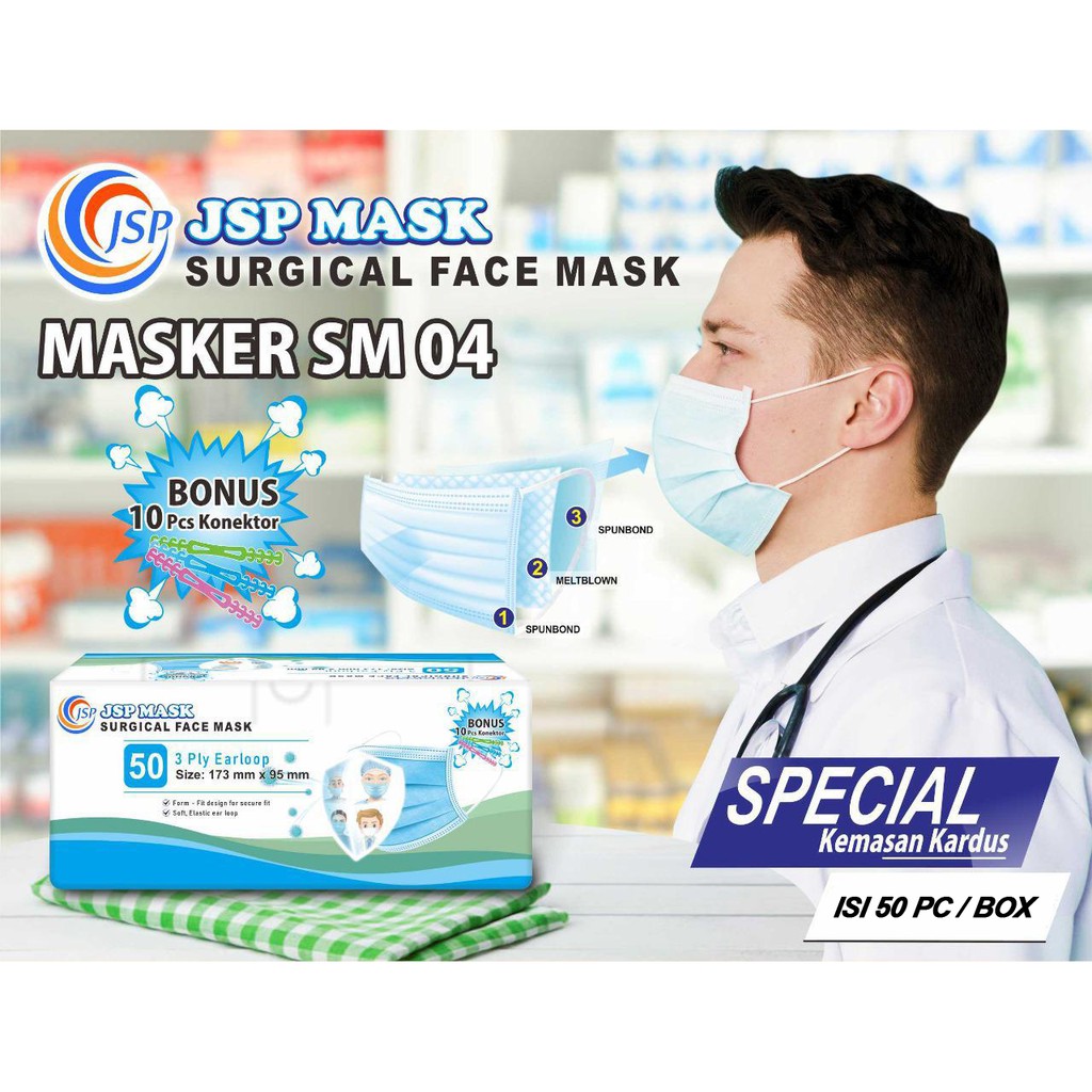 MASKER MEDIS EARLOOP 3 PLY [ISI 50 PC] - SURGICAL MASK JSP SM04 - MEDICAL FACE MASK GROSIR