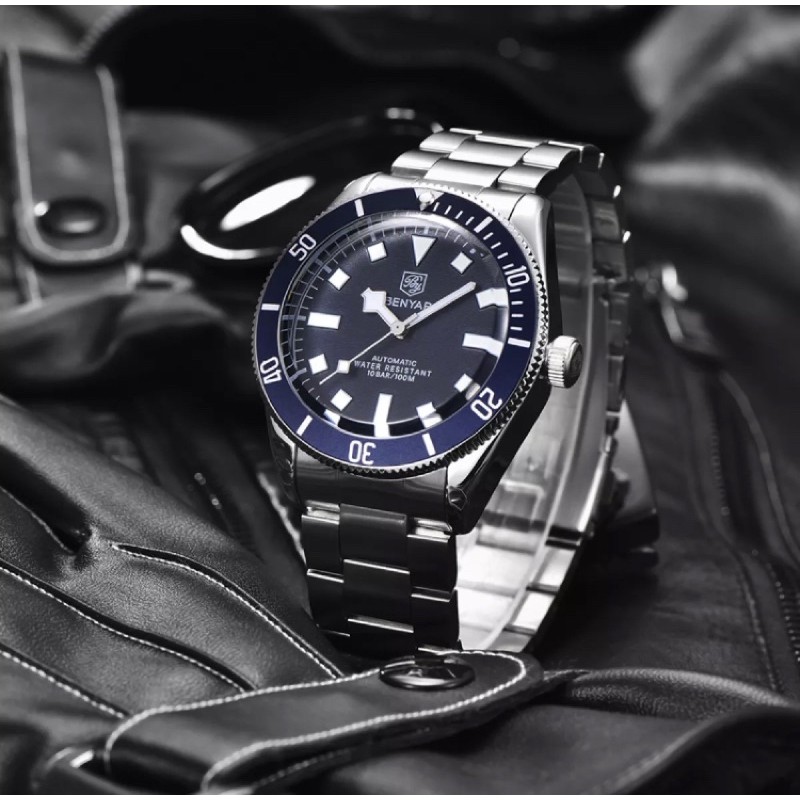 Jam Tangan Pria Benyar Original Homage Black Bay Fifty-Eigh Blue Dial Steel Bracelet Automatic