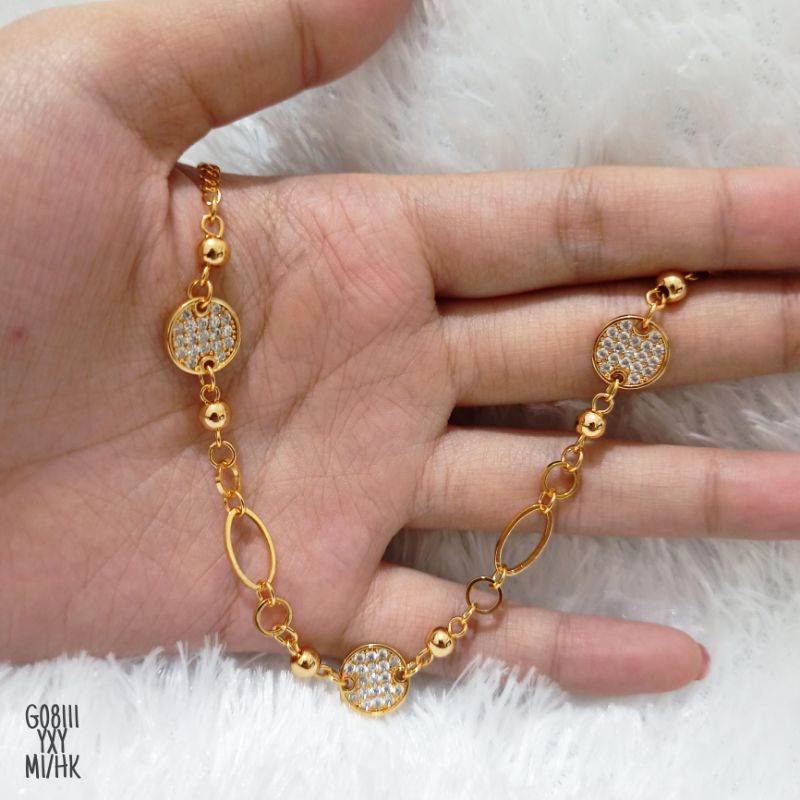 Gelang Yaxiya Rantai Plat Bulat Zircon Gold G08111