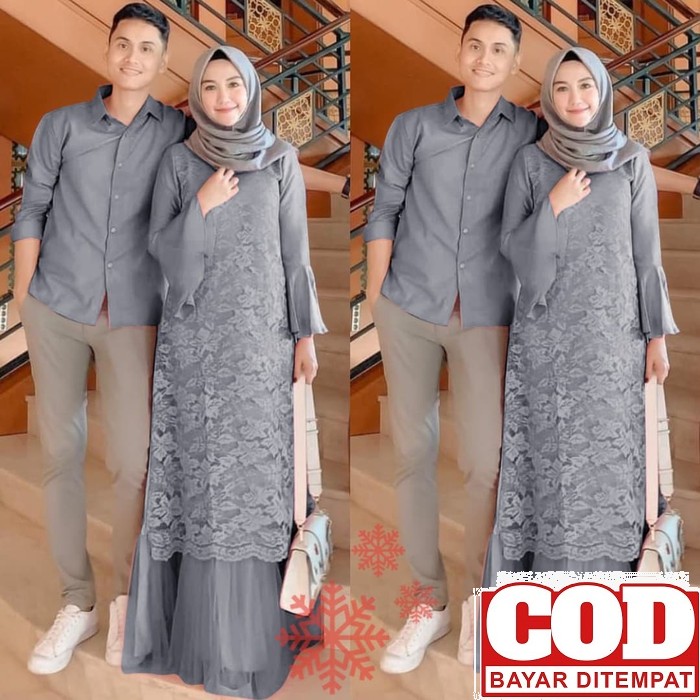 Bisa (Cod) - Batik Couple Pasangan Suami Istri Terbaru Baju Gamis CX920 Couple Pelino Abu [Couple