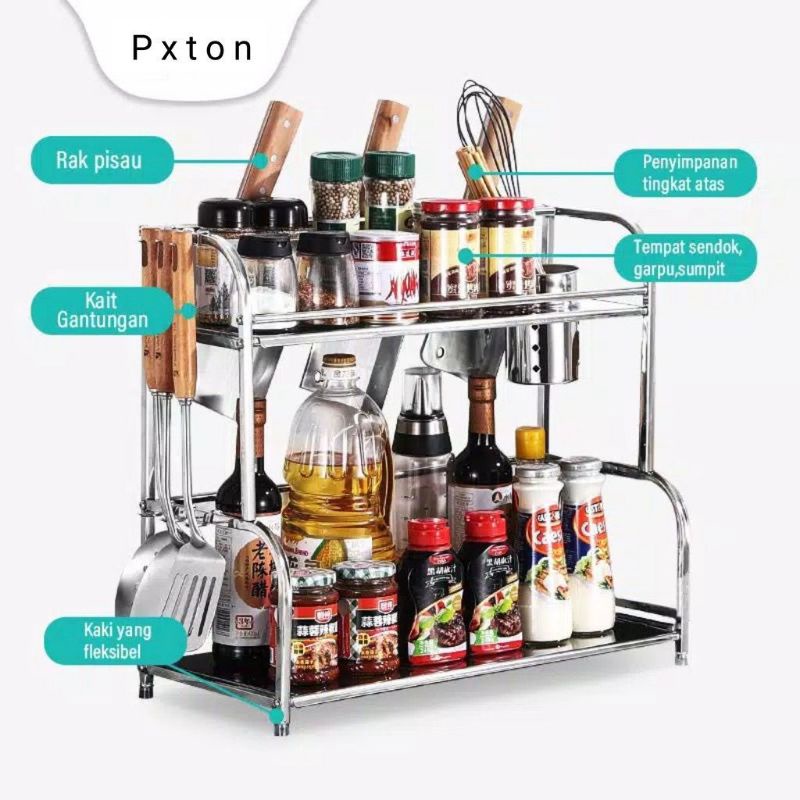 Rak Bumbu Dapur Rak Meja Makan Serbaguna 2 susun - Kitchen Spice Rack Stainless PXTON