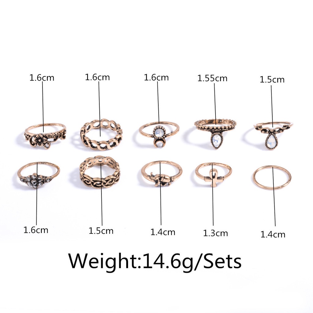 COD 10 pcs Eropa dan Amerika retro tekstur diukir cincin fashion batu permata bunga rami E07