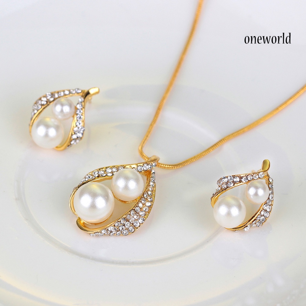 OW@ Wedding Bridal Imitation Pearl Rhinestone Hollow Stud Earrings Ring Necklace Set