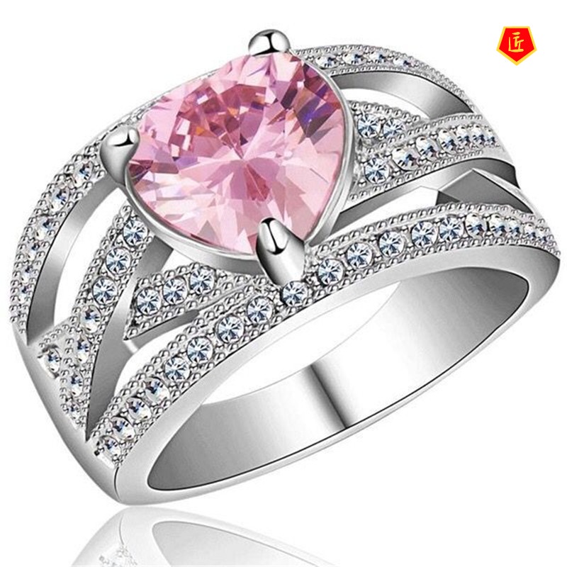 [Ready Stock]Creative Personality Diamond Heart-Shaped Colored Gems Silver Ring