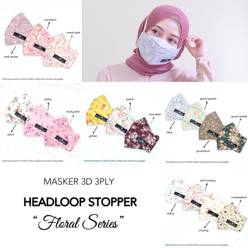 MASKER KAIN 3D 3PLY HEADLOOP STOPPER ORIGAMI NON MEDIS HIJAB “Floral Series”