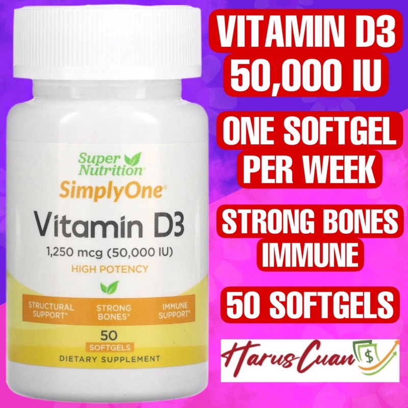 Super Nutrition USA Simply One Vitamin D3 50000 iu 50 Softgels Once Weekly Seminggu Sekali Strong Bo