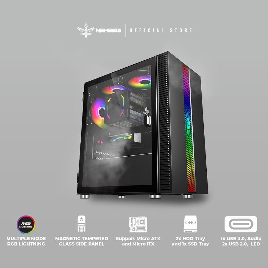 Casing Komputer Gaming NYK Mistic T20 Micro ATX Glass LED RGB include 1Fan - PC Case